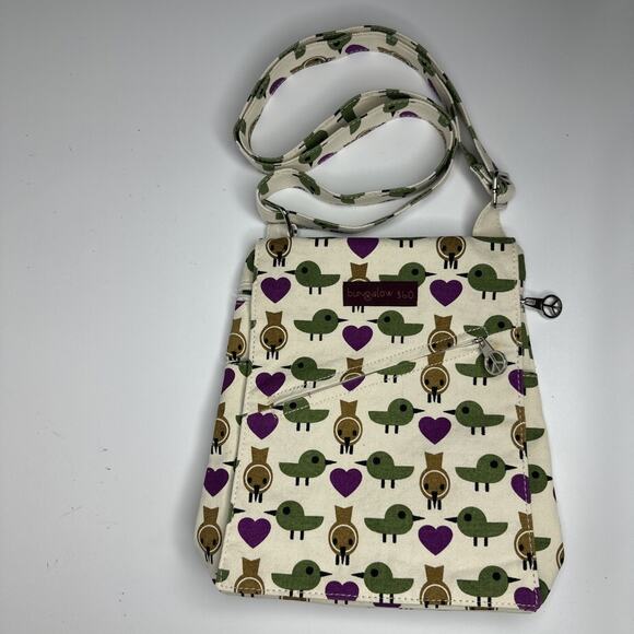 Bungalow 360 Birds Hearts Cream Canvas Crossbody Messenger Bag Multi Pockets - Picture 2 of 16